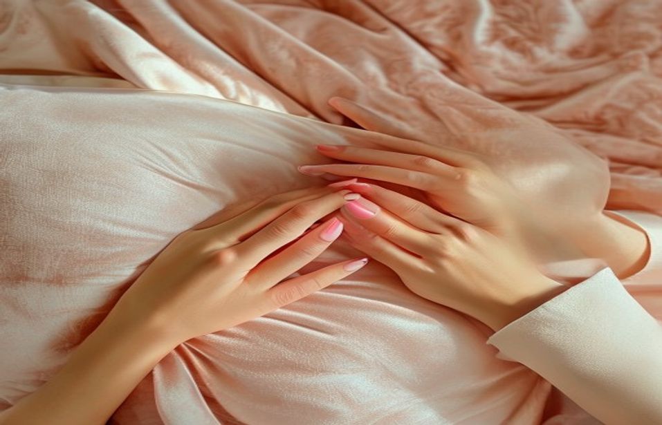 Mains avec manucure rosée
